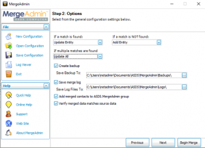Screenshot of MergeAdmin options for importing data into Act!