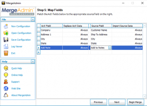 Screenshot of MergeAdmin matching Act! fields to input fields